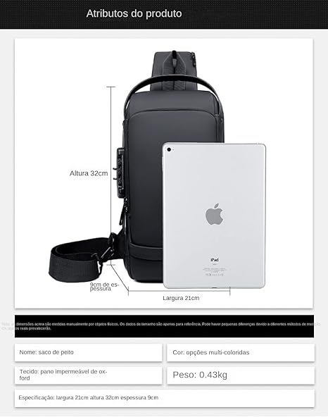 Bag masculina com cadeado à prova d'água anti-roubo